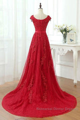 Red Lace Semi Formal Prom Dress Cap Sleeves Formal Dress, Evening Dress, Dance Dresses