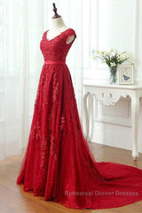 Red Lace Semi Formal Prom Dress Cap Sleeves Formal Dress, Evening Dress, Dance Dresses