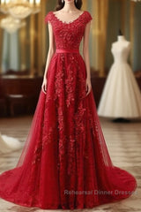 Red Lace Semi Formal Prom Dress Cap Sleeves Formal Dress, Evening Dress, Dance Dresses