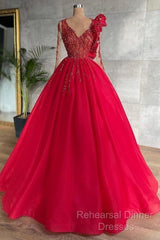 Red Long Sleeve V Neck Beading Flower Tulle Semi Formal Prom Formal Dress