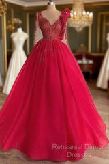 Red Long Sleeve V Neck Beading Flower Tulle Semi Formal Prom Formal Dress