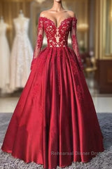 Red Long Sleeves Lace Long Semi Formal Prom Dress, Red Evening Dress