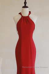 Red Mermaid Halter Long Evening Dress, Red Backless Formal Dress Semi Formal Prom Dress