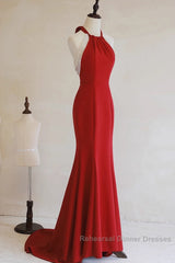 Red Mermaid Halter Long Evening Dress, Red Backless Formal Dress Semi Formal Prom Dress