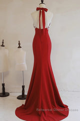 Red Mermaid Halter Long Evening Dress, Red Backless Formal Dress Semi Formal Prom Dress