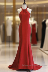 Red Mermaid Halter Long Evening Dress, Red Backless Formal Dress Semi Formal Prom Dress