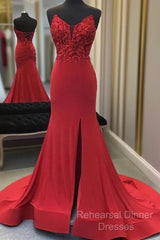 Red Mermaid Llong Semi Formal Prom Dress Appliques Slit Evening Dress
