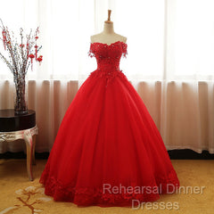 Red Off Shoulder Long Party Dress, A-Line Tulle Evening Dress Formal Gown