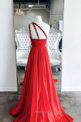 Red one shoulder long Semi Formal Prom Dresses red evening Dresses