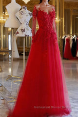 Red round neck tulle lace long Semi Formal Prom Dresses, red evening Dresses