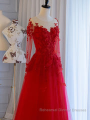 Red round neck tulle lace long Semi Formal Prom Dresses, red evening Dresses