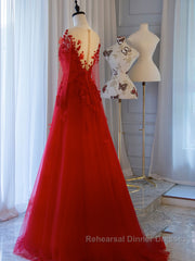 Red round neck tulle lace long Semi Formal Prom Dresses, red evening Dresses