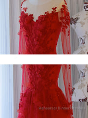 Red round neck tulle lace long Semi Formal Prom Dresses, red evening Dresses