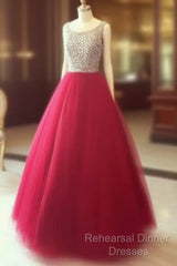 Red Round Neck Tulle Rhinestones Long Semi Formal Prom Dress, Red Evening Dress