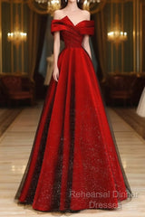 Red Satin And Black Tulle A-Line Off Shoulder Party Dress, Simple A-Line Semi Formal Prom Dress