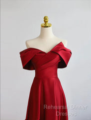 Red Satin Off Shoulder Sweetheart Long Party Dress, Red Satin Semi Formal Prom Dress