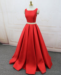Red Satin Two Pieces Long Prom Dress Red Long Evening Dress