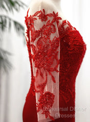 Red Satin With Lace Round Neckline Party Dress, Red Satin Evening Dress