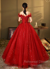 Red Scoop Ball Gown Shiny Tulle Off Shoulder Party Dress, Red Sweet 16 Dress Formal Dress