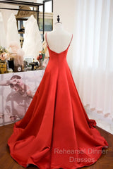 Red Spaghetti Strap Satin Long Semi Formal Prom Dress, Simple A-Line Evening Party Dress