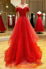 Red sweetheart off shoulder tulle long Semi Formal Prom Dresses tulle formal Dresses