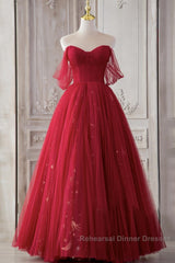 Red Sweetheart Tulle Long Beautiful Semi Formal Prom Dresses, Wine Red Party Dresses Evening Gown
