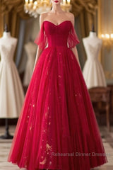 Red Sweetheart Tulle Long Beautiful Semi Formal Prom Dresses, Wine Red Party Dresses Evening Gown