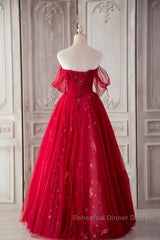 Red Sweetheart Tulle Long Formal Dress, Red Off Shoulder Party Dress Semi Formal Prom Dress