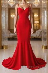 Red Thin Straps Mermaid Backless Long Semi Formal Prom Dresses, Red Mermaid Formal Dresses, Red Evening Dresses