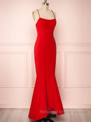 Red Thin Straps Mermaid Backless Long Semi Formal Prom Dresses, Red Mermaid Formal Dresses, Red Evening Dresses