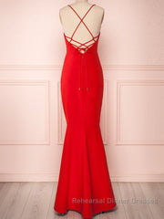 Red Thin Straps Mermaid Backless Long Semi Formal Prom Dresses, Red Mermaid Formal Dresses, Red Evening Dresses