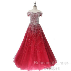 Red Tulle Beaded Off The Shoulder Long Party Gown, Red Formal Dresses
