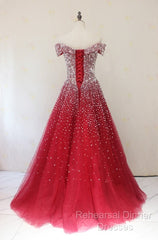 Red Tulle Beaded Off The Shoulder Long Party Gown, Red Formal Dresses