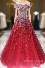 Red Tulle Beaded Off The Shoulder Long Party Gown, Red Formal Dresses