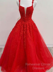 Red Tulle Lace Appliques Long Semi Formal Prom Dress A Line Formal Evening Dress