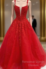 Red Tulle Lace Appliques Long Semi Formal Prom Dress A Line Formal Evening Dress