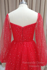 Red Tulle Long Puffy Sleeves Short Semi Formal Prom Dress, Red Tulle Homecoming Dress