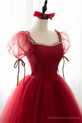Red Tulle Short Sleeve Prom Dress, A-Line Floor Length Evening Graduation Dress