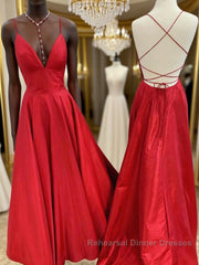 Red v neck backless satin long Semi Formal Prom Dresses red evening Dresses
