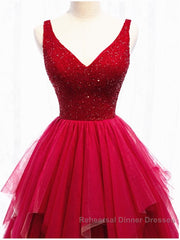 Red V Neck Long Semi Formal Prom Dresses with Corset Back, Red Floor Length Semi Formal Prom Dresses Gown, Evening Dresses
