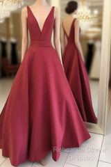 Red V Neck Satin Long Semi Formal Prom Dress, Red Evening Dress