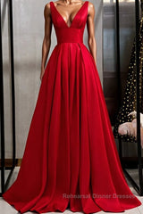 Red v neck satin long Semi Formal Prom Dresses simple red evening Dresses
