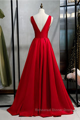 Red v neck satin long Semi Formal Prom Dresses simple red evening Dresses
