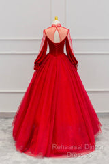 Red Velvet And Tulle Floor Length Semi Formal Prom Dress, Long Sleeve Beautiful A-Line Party Dress