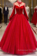 Red Velvet And Tulle Floor Length Semi Formal Prom Dress, Long Sleeve Beautiful A-Line Party Dress