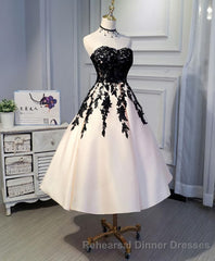 Champagne Lace Short Semi Formal Prom Dress, Lace Evening Dress