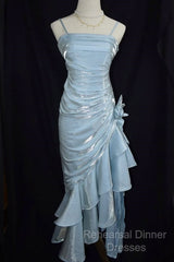 Retro Baby Blue Vintage Floral Dress Asymmetrical Hem Semi Formal Prom Gown