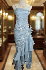 Retro Baby Blue Vintage Floral Dress Asymmetrical Hem Semi Formal Prom Gown