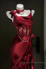 Retro Mermaid Spaghetti Straps Burgundy Lace Semi Formal Prom Dresses Birthday Outfits