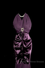 Retro Mermaid V Neckline Chiffon Grape Evening Dress Semi Formal Prom Dresses